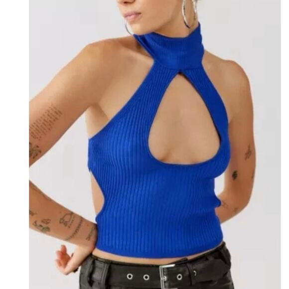 URBAN OUTFITTERS HALTER TOP KNITTED ROYAL BLUE TURTLENECK KEYHOLE RIBBED SZ M - Picture 1 of 13